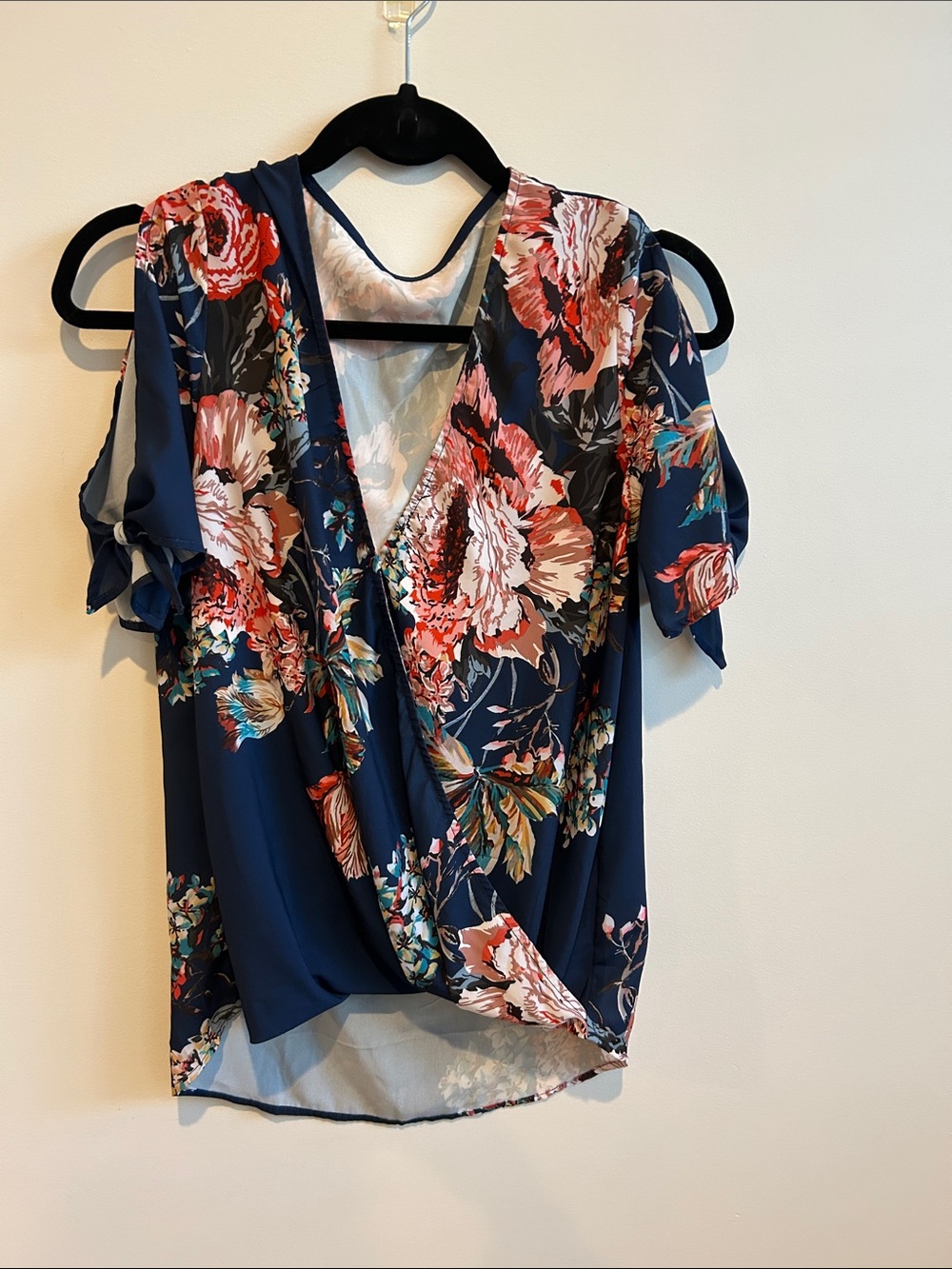 Amazon Essentials Navy Floral Cold-Shoulder Surplice Blouse